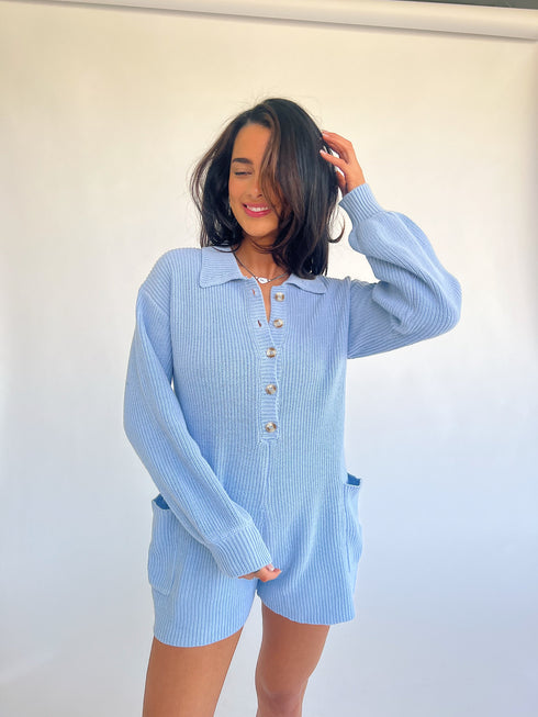 Picnic Date Knit Romper// Sky
