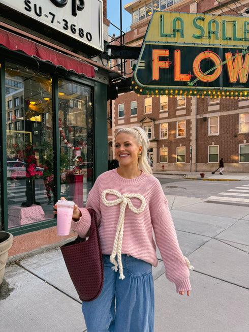 Ribbons & Lace Bow Sweater// Pink
