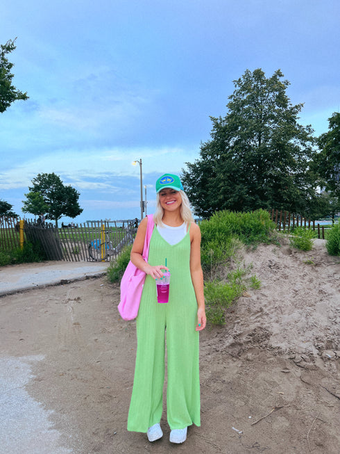 Everyday Ease Ribbed Jumpsuit// Lime