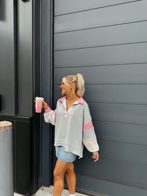 Lazy Days Pullover// Grey + Pink *RESTOCKED*