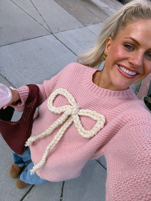 Ribbons & Lace Bow Sweater// Pink