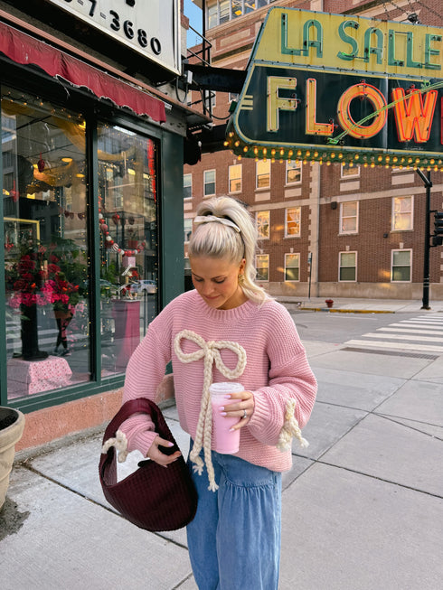 Ribbons & Lace Bow Sweater// Pink