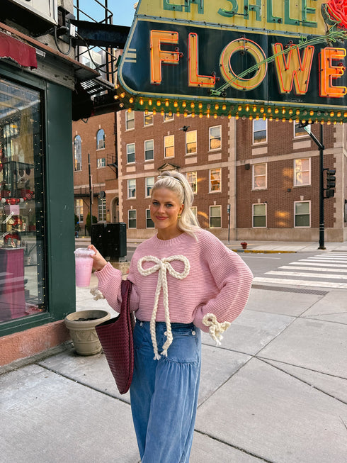 Ribbons & Lace Bow Sweater// Pink