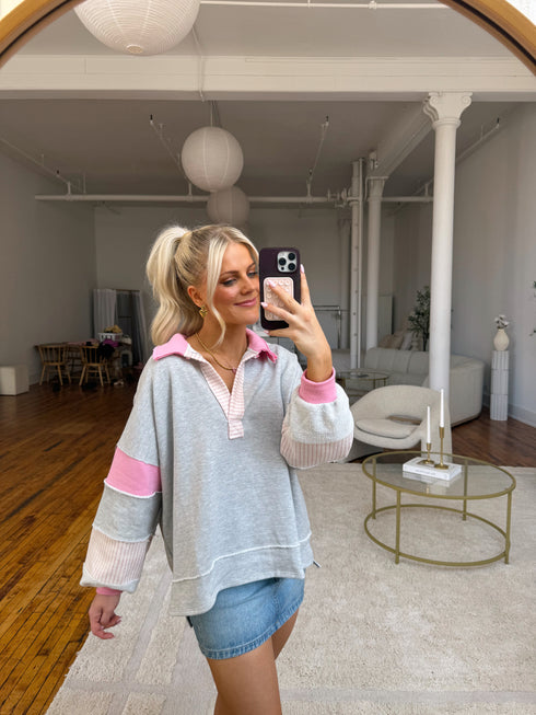 Lazy Days Pullover// Grey + Pink *RESTOCKED*