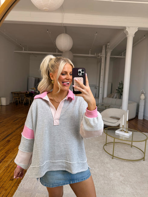Lazy Days Pullover// Grey + Pink *RESTOCKED*