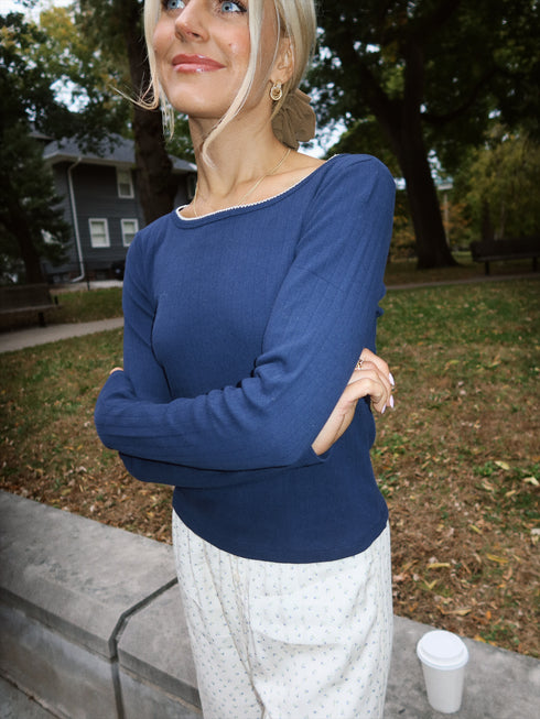 Honey Pointelle Long Sleeve Tee // Navy *RESTOCKED*