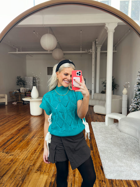 Bow Babe Sweater Top// Teal