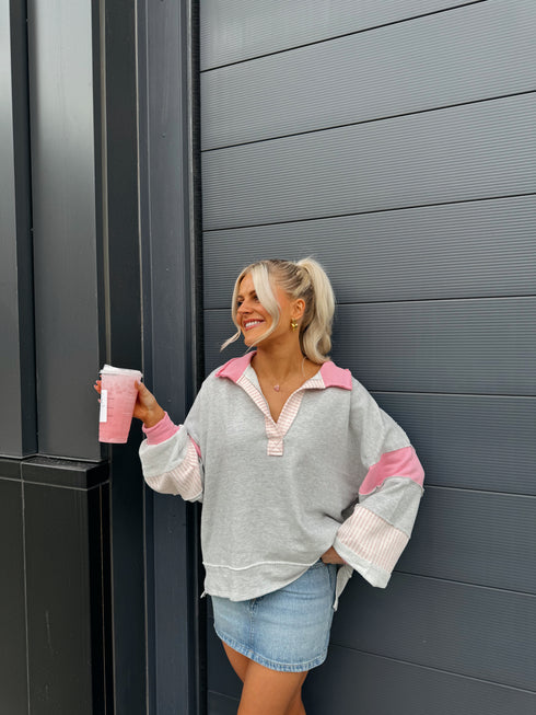 Lazy Days Pullover// Grey + Pink *RESTOCKED*