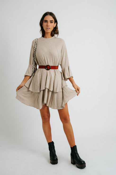 Sweet Sunday Ribbed Dress// Stone