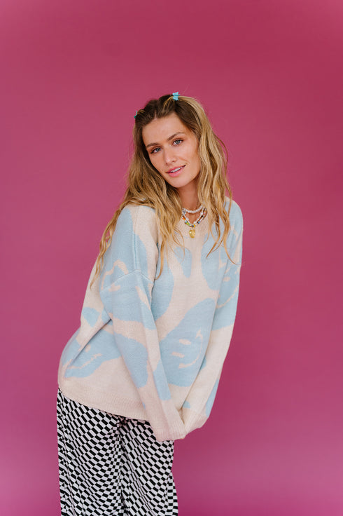 Happy Daze Smiley Sweater // Blue