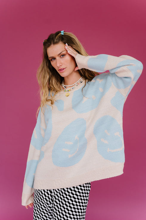 Happy Daze Smiley Sweater // Blue